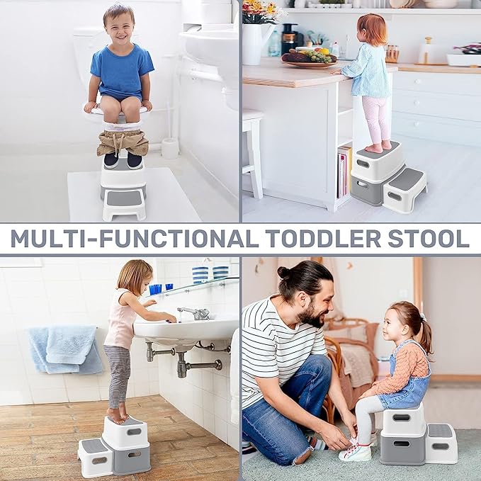 2 Step Stools for Kids, Anti-Slip Toddler Step Stool for Bathroom Sink, Two Step Stool for Toddlers Toilet Potty Training, Toddler Stool for Kitchen Counter Bedroom, Grey