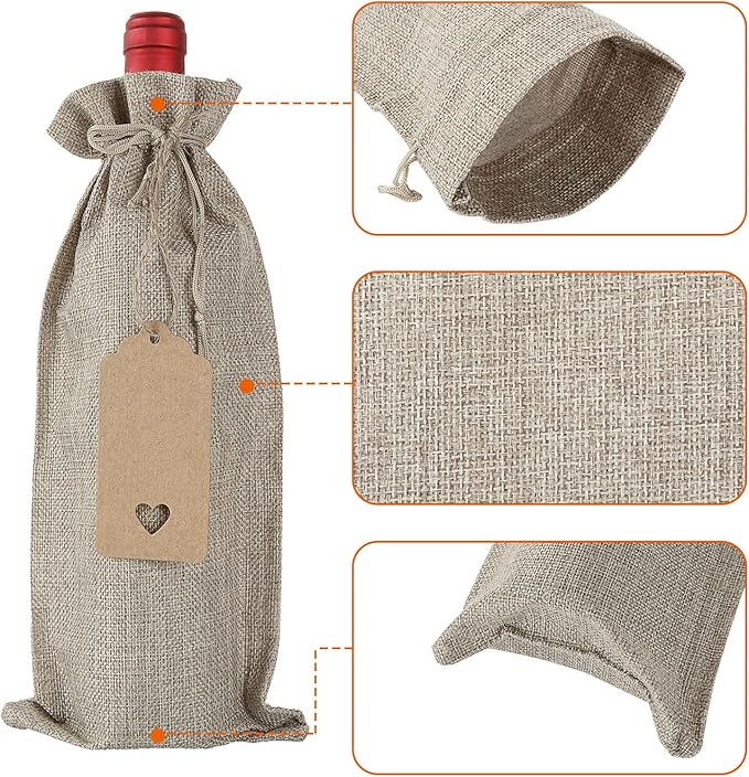 24 Pcs Burlap Wine Bags with Drawstring, Wine Gift Bags for Wine Bottles, Reusable Wine Bottle Cover with Blank Tags and Ropes for Christmas, Wedding, Birthday, Travel, Holiday, Party, Home Storage