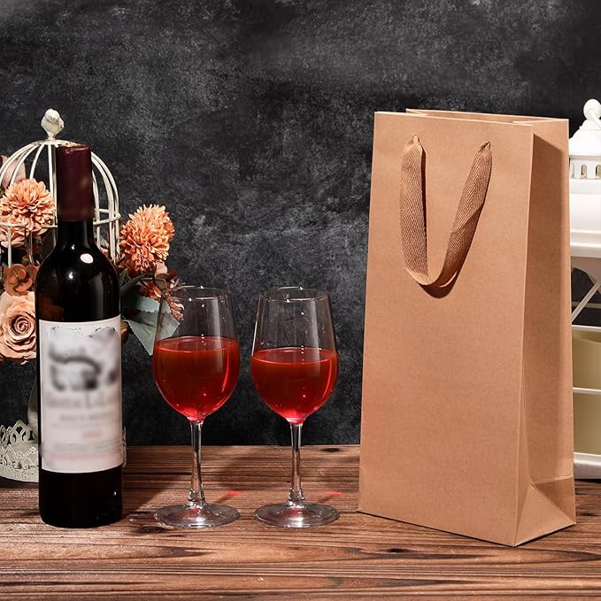 Yeaqee 50 Pack Wine Bags for Wine Double Bottles Gifts Bags 6.6" x 3.6" x 13.8" Craft Wine Bottle Wine Bags Bulk with Handles Reusable Paper Tumbler Wine Bags, Liquor Gift Bag with Handles (Brown)