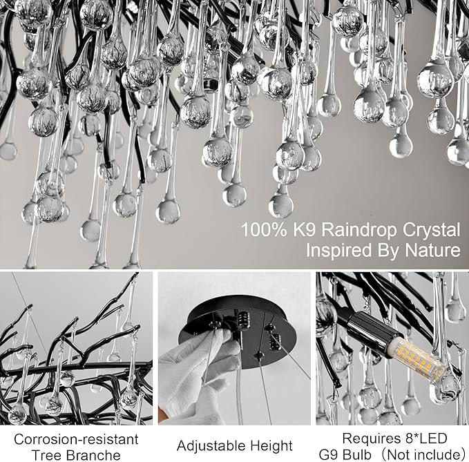 23.6in Black Crystal Chandelier, Modern Tree Branch Chandeliers for Dining Room, 8-Light Farmhouse Chandelier Ceiling Light Fixture for Living Room,Kitchen Island Foyer