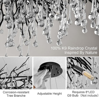 23.6in Black Crystal Chandelier, Modern Tree Branch Chandeliers for Dining Room, 8-Light Farmhouse Chandelier Ceiling Light Fixture for Living Room,Kitchen Island Foyer