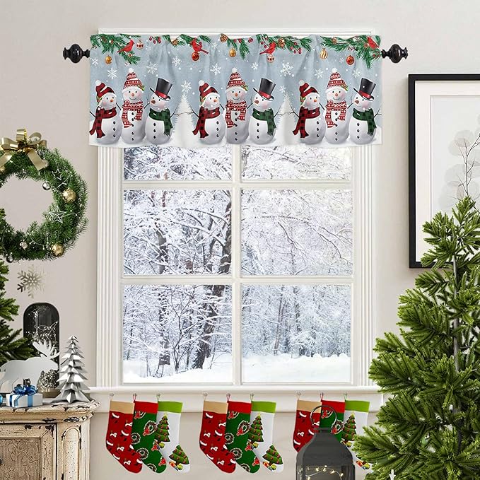 Vandarllin Christmas Valance Kitchen Curtains for Windows, Snowman Cardinal Rod Pocket Valances Window Treatments Bluish Grey Winter Holiday Short Curtains for Bedroom/Living Room, 54" X 18" -1 Panel