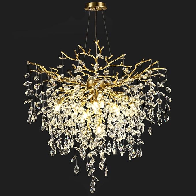 32 inch Crystal Chandelier for Dining Room, Round Gold Tree Branches Chandeliers, Top K9 Crystal Chandelier, Modern Chandeliers for Kitchen,Foyer Entryway,Luxury Adjustable Hanging Chandelier