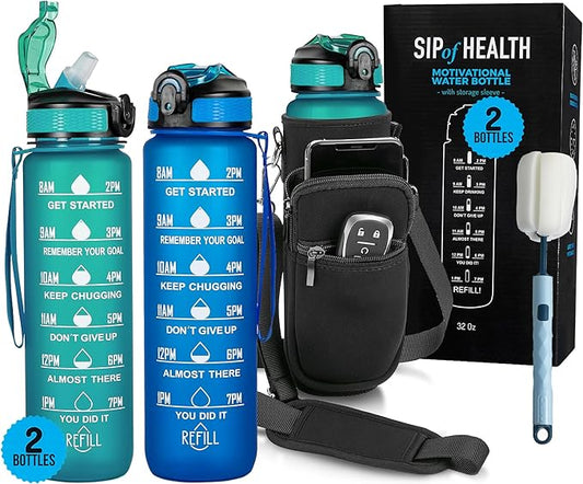 2 PACK: 32 Oz Water Bottle with Time Marker - Motivational Gym Water Bottle with Strap & Holder for Everyday Use | Water Bottles with Times to Drink | Big Water Bottle with Straw, Leak Proof & Durable