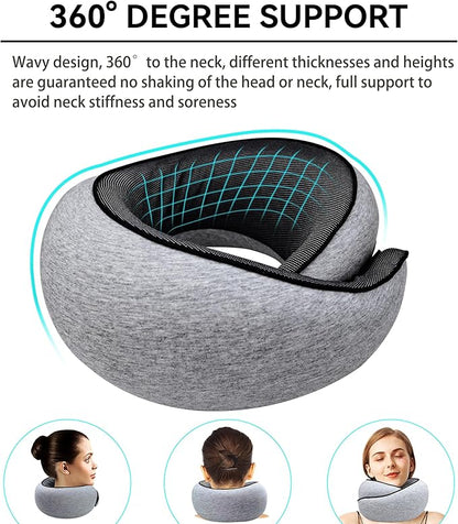 Travel Neck Pillow for Airplanes, 100% Pure Memory Foam Neck Support Pillow 360°Adjustable Full Surrounding Travel Pillow for Long Flights, Car, Train and Home Use, Light Grey