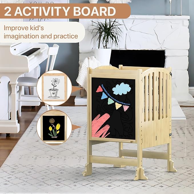 TOETOL Folding Toddler Step Stool for Kids Helper Stool, Bamboo Kids Kitchen Standing Tower Adjustable Height with Learning Black & White Activity Board