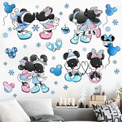 Mfault Cartoon Mouse Winter Wall Decals Stickers, Blue Snowflake Balloon Glove Hot Cocoa Decorations Bedroom Art, 2025 New Year Christmas Holiday Home Kitchen Decor Party Supplies