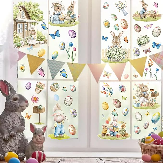 100 Pcs Easter Window Clings Easter Eggs Bunny Window Decorations Stickers for Glass Windows for Easter Window Decorations, 9 Sheets Bunny Decor for Kids Shcool Home (Family)