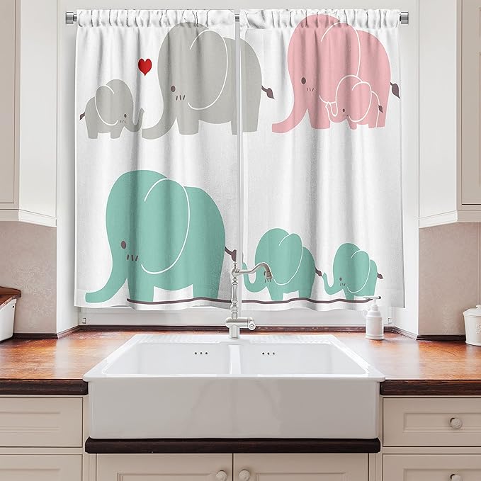 Ambesonne Cartoon Long Kitchen Curtains, Family Love Theme Elephants Mother's Day Theme, Two Panels Drapes with Rod Pocket Room Decor, 55" x 45", Seafoam Pink