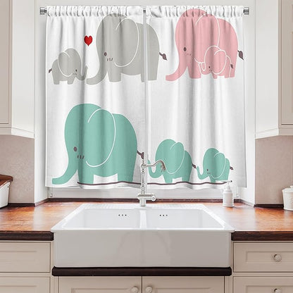 Ambesonne Cartoon Long Kitchen Curtains, Family Love Theme Elephants Mother's Day Theme, Two Panels Drapes with Rod Pocket Room Decor, 55" x 45", Seafoam Pink