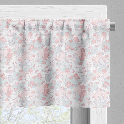 Ambesonne Cartoon Valance & Tier Curtain 3 pcs Set, Styled Cats Bats and Skulls Japanese Inspired Kawaii Design, Window Treatments for Kitchen Room Decor, 55" x 45", Pale Pink