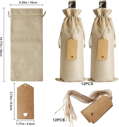 Reusable Burlap Wine Bag, 12PCS Wine Gift Bags for Wine Bottles with Gift Tags, Wine Bottle Bags for Wedding, Birthday, Christmas, Halloween, Travel, Party, Home Storage