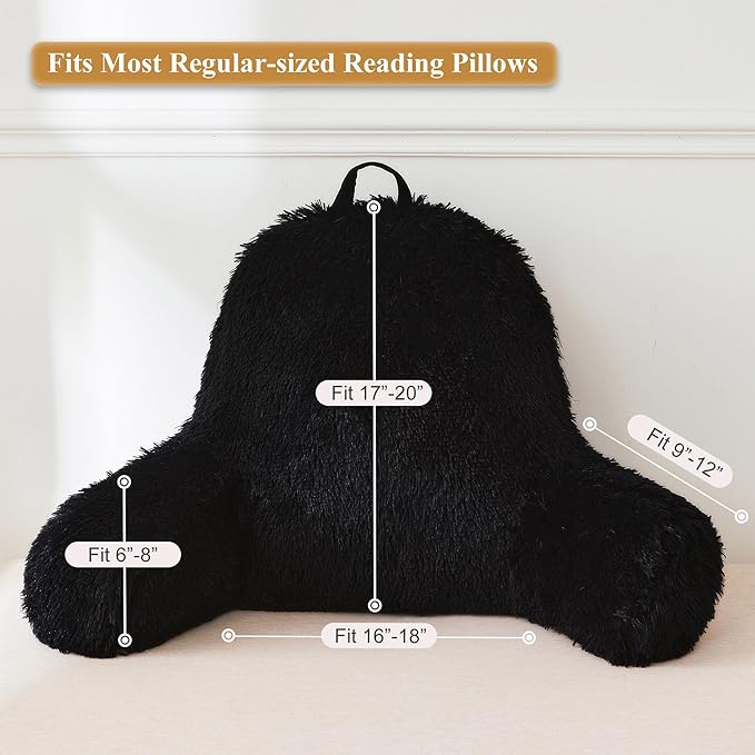 XeGe Faux Fur Reading Pillow Cover (No Filler), Fluffy Backrest Pillow Case for Sitting in Bed, Adults Kids Shaggy Sit Up Back Support Study Pillow Cover for Couch Chair Home Decoration, Black