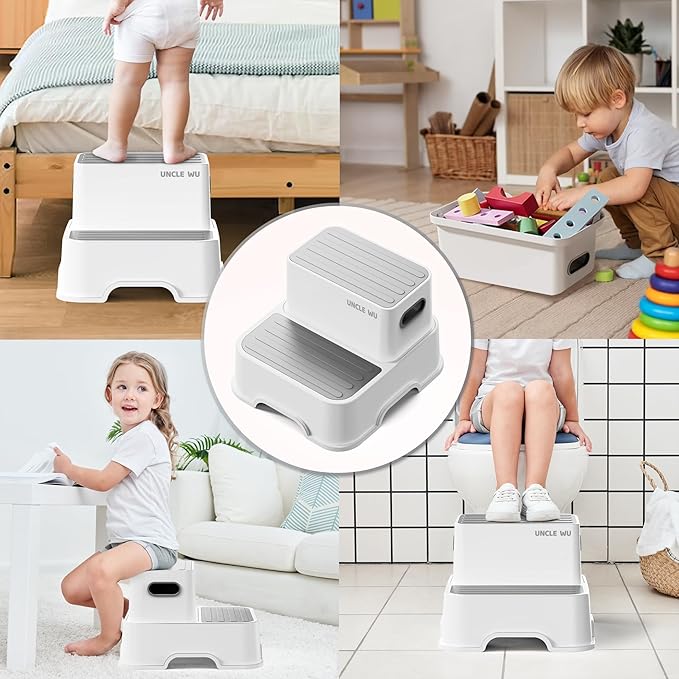 UNCLE WU Two Step Stool for Kids -Study Step Stool for Bathroom Sink-Light Weight,Two Non-Slip Step Stool for Toilet Potty Training, Kitchen, Bedroom & Livingroom(Gray White)