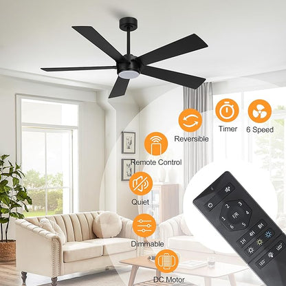 54" Ceiling Fan with Light and Remote Control, Modern Dimmable LED Light, 6-Speed Noiseless Reversible DC Motor, 5 Plywood Ceiling Fan for Kitchen Bedroom Living Room Black