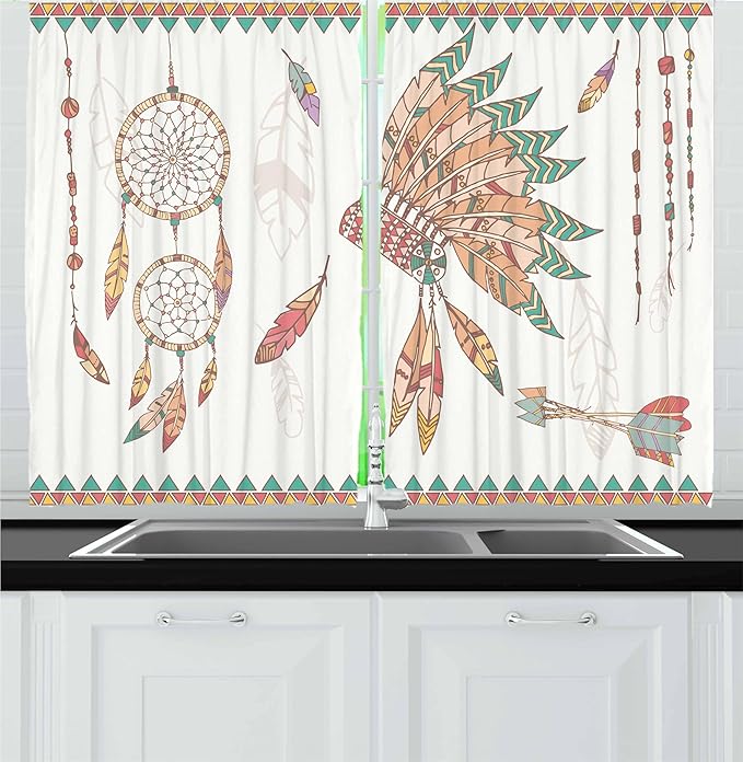 Ambesonne Feather Kitchen Curtains, Prehistoric Chief Headdress Arrows Dreamcatchers, Window Drapes 2 Panel Set for Kitchen Cafe Decor, 55" x 30", Coral Brown