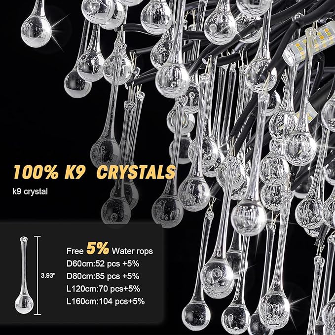 23.6in Black Crystal Chandelier, Modern Tree Branch Chandeliers for Dining Room, 8-Light Farmhouse Chandelier Ceiling Light Fixture for Living Room,Kitchen Island Foyer