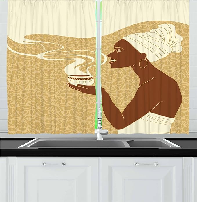 Ambesonne African Kitchen Curtains, Smiling Happy Afro Lady with Hot Coffee Cup Cocoa Vintage, Window Drapes 2 Panel Set for Kitchen Cafe Decor, 55" x 36", Soft Brown