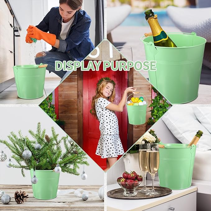 12 Pcs Large Galvanized Metal Buckets with Handle 10 Inch Heavy Duty Stainless Steel Pails Round Pail for Party Wedding, Crafts, Utensils, Table Centerpieces (Light Green)