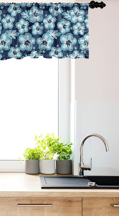 Ambesonne Aloha Window Valance, Hibiscus Hawaiian Tropical Island Flowers Petals and Buds Leaves Art Print, Curtain Valance for Kitchen Bedroom Decor with Rod Pocket, 42" x 18", Dark Blue Sky Blue