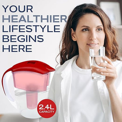 2.4L LTS Filtered Water Pitcher with Filter Change Indicator - Tap Drinking Water Purifier - Secure Lid Technology - Water Jug for Dorm, Kitchen, Fridge - Clean, Refreshing Taste - Red