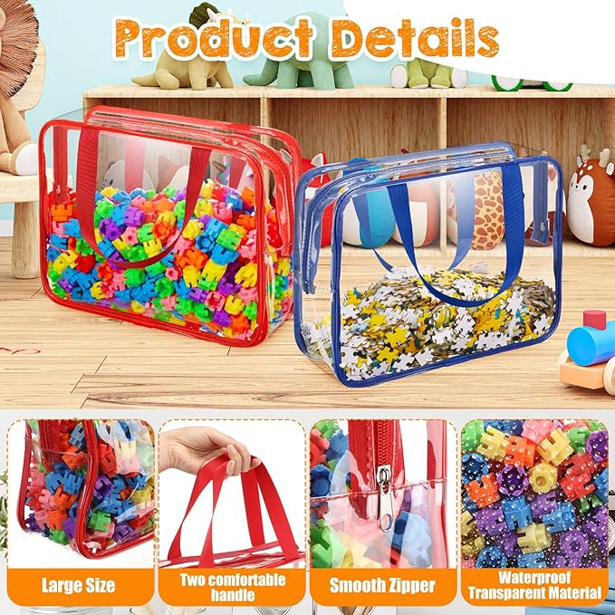 12 Pieces Large Toy Storage Bags with Zipper Clear PVC Organizing Bags Waterproof Zippered Toy Storage Organizer for Building Blocks Puzzle Stationery Kids Books Classroom(Fresh Colors)