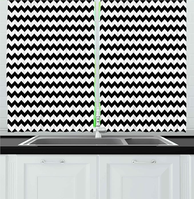 Ambesonne Chevron Kitchen Curtains, Zig Zags in Black and White Sharp Arrow Inspired Classic Retro Tile Monochrome, Window Drapes 2 Panel Set for Kitchen Cafe Decor, 55" x 24", Black Cream