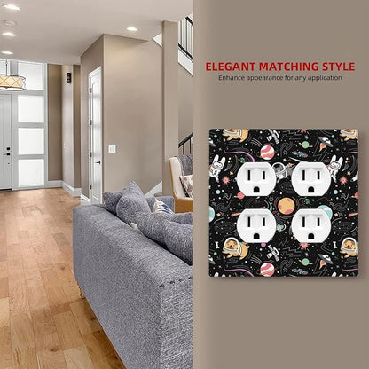 Space Cute Cat Dog Decorative 2 Gang Duplex Outlet Cover Wall Plate Double Switch Two for Electrical Kitchen Kids Boys Room Bedroom Bathroom Home Novelty Decorate