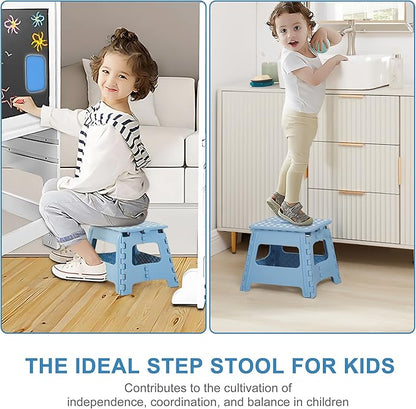 VECELO Folding Step Stool 11 Inch, Non-Slip Surface Portable Foldable 1 Step Stool with Carry Handle, Heavy Duty to Support Kids/Toddler/Adults for Living Room, Kitchen, Bathroom, Set of 2, Blue