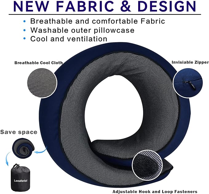 Travel Neck Pillow for Airplanes, 100% Pure Memory Foam Neck Support Pillow 360°Adjustable Full Surrounding Travel Pillow for Long Flights, Car, Train and Home Use, Navy Blue