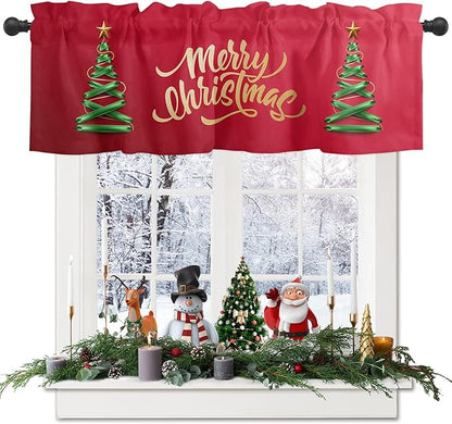 Vandarllin Merry Christmas Valance Kitchen Curtains for Windows, Christmas Tree Rod Pocket Valances Window Treatments Winter Holidays Short Curtains for Bedroom/Living Room, 54" X 18" -1 Panel