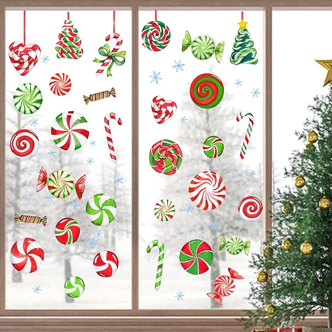 Yovkky 157 PCS Christmas Window Clings 9 Sheets, Xmas Candy Cane Peppermint Lollipop 2025 New Year Stickers Decals Decor, Christmas Snowflakes Winter Holiday Party Home Kitchen Candyland Decorations