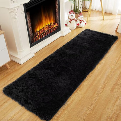 Area Rug 2x6 Rug Runner Faux Fur Fluffy Rug for Bedroom Extra Soft Fuzzy Rugs Plush Shaggy Throw Carpet for Nursery Kids Room Non Slip Non Shedding Entryway Mat for Hallway,Home Decor Rug,Black