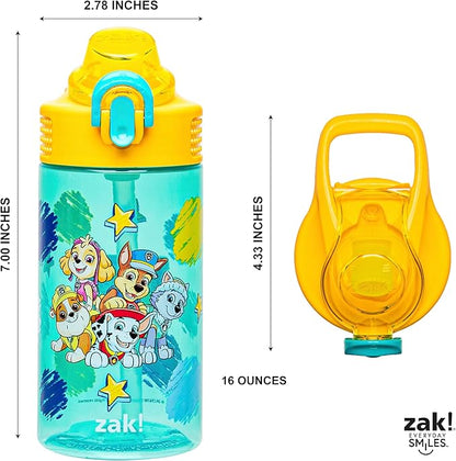 Zak Designs Sage PAW Patrol Water Bottle For School or Travel, 16oz Durable Plastic Water Bottle With Straw, Handle, and Leak-Proof, Pop-Up Spout Cover (Chase, Marshall, Skye, Rubble, Everest)