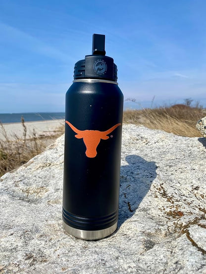 University of Texas at Austin 32oz Stainless Steel Double Walled Black Beverage Bottle with Flip Straw Spout - College Gear for Playoff Season – For Office, Home or Auto – Show your Longhorn Pride