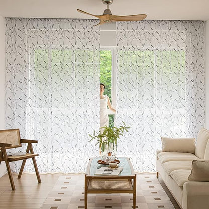 Windows Sheer Curtains Embroider Grey Leaf 63 Inches Length 2 Panels Voile Light Filtering Sheer Curtains Panel Basic Rod Pocket Sheer for Bedroom Living Room Children Room Kitchen Yard