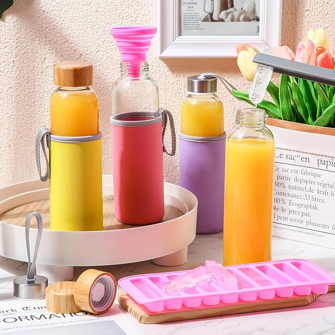 12 Pcs 18 oz Glass Water Bottles Glass Juice Bottles with Protection Sleeves, Stainless Steel and Bamboo Lids Reusable Glasses Funnel, Ice Mold, Brush for Milk Smoothie Beverage Tea