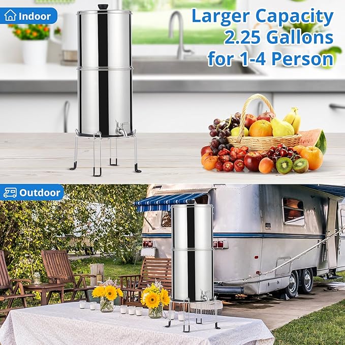 Stainless Steel Gravity Fed Water Filter System, 2.25G Capacity, Includes 2 Filters and Stand, Ideal for Home, Camping, RV, Fishing, Reduces 99% Chlorine