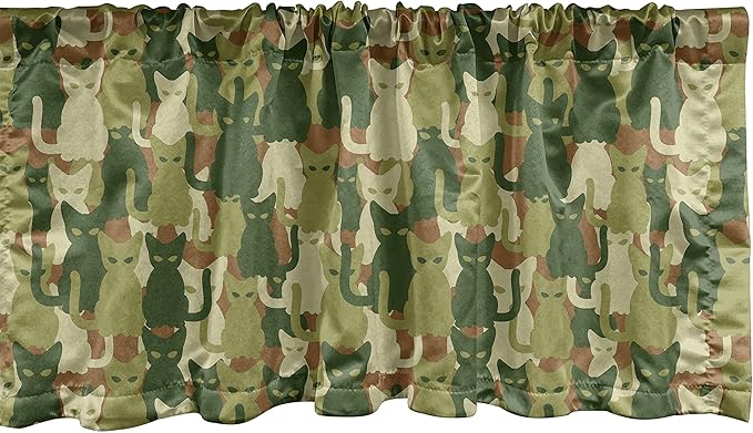 Ambesonne Camo Window Valance, Kitten Silhouette Protective Cat Theme in Jungle Colors Animal Silhouettes, Curtain Valance for Kitchen Bedroom Decor with Rod Pocket, 54" X 18", Green Cream