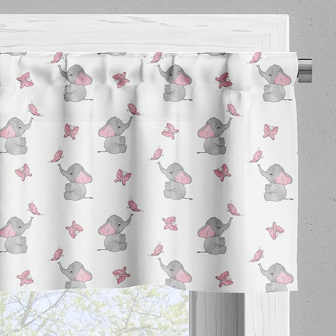 Ambesonne Animal Cartoon Valance & Tier Curtain 3 pcs Set, Playing Butterflies Design Pattern, Window Treatments for Kitchen Room Decor, 55" x 30", Grey Pink