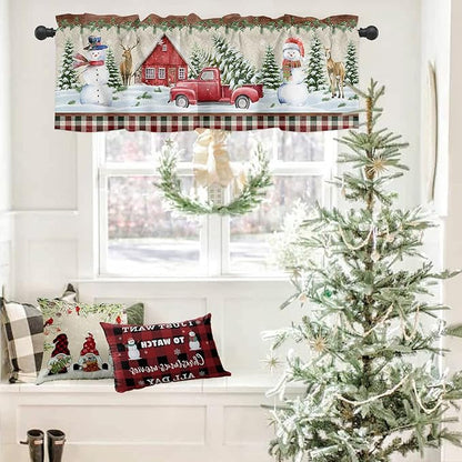 Vandarllin Christmas Valance Kitchen Curtains for Windows, Farm Red Truck Rod Pocket Valances Window Treatments Winter Holiday Snowman Short Curtains for Bedroom/Living Room, 54" X 18" -1 Panel