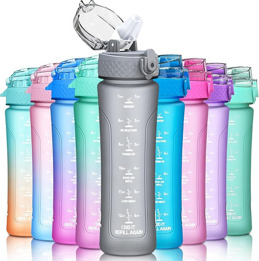 15oz Kids Sports Water Bottles for School with Straw Lid (Grey)