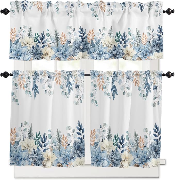 Vandarllin Blue Christmas Poinsettia Kitchen Curtains and Valances Set, Winter Eucalyptus Leaves Windows Treatments Tiers Half/Short Curtains for Small Windows Cafe/Living Room/Bedroom 54x24 in