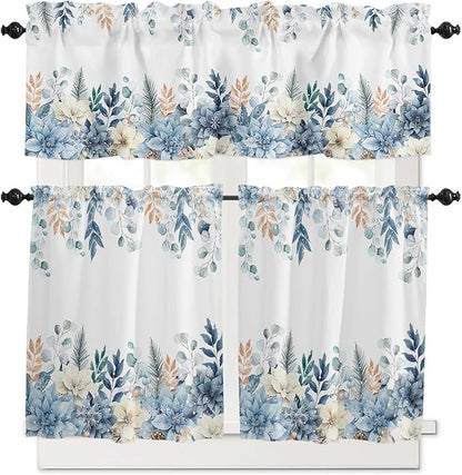 Vandarllin Blue Christmas Poinsettia Kitchen Curtains and Valances Set, Winter Eucalyptus Leaves Windows Treatments Tiers Half/Short Curtains for Small Windows Cafe/Living Room/Bedroom 54x24 in