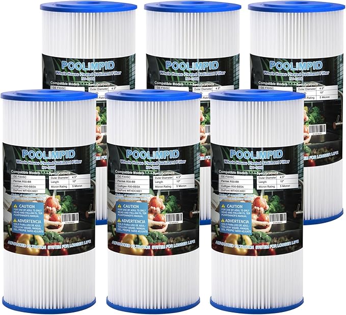 10" x 4.5" Whole House Water Filter, Compatible with GE FXHSC, GXWH40L, GXWH35F, Culligan R50-BBSA, American Plumber W50PEHD, W10-PR, 5 Micron, High Flow Sediment Filters,6 Pack