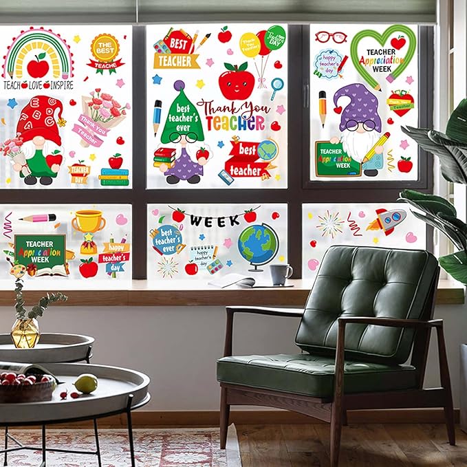 Teacher Appreciation Week Window Clings Stickers Best Teacher Double-Sided Window Decals Decoration Pencil Apple Design for Toddlers Adults Classroom Home Nursery Airplane Birthday Party Supplies