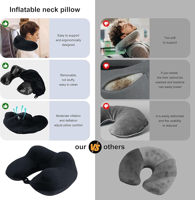 Neck Pillow, Inflatable Travel Pillow, Soft & Support Travel Essentials for Airplane/Car/Office&Home Rest Use, Comfortable & Breathable Machine Washable Cover with Storage Bag (Black)