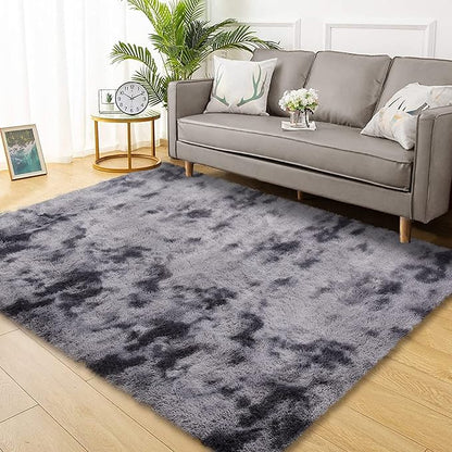 Shag Area Rugs 8 x 10 Feet for Living Room, Fluffy Soft Throw Carpets Indoor Modern Accent Rugs for Nursery Kids Room, Abstract Shaggy Plush Throw Rugs for Home Decor, Tie-Dyed Dark Grey