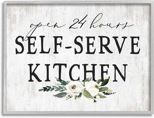 Stupell Industries Self-Serve Kitchen Sign White Flowers 24 Hours Grey Framed Wall Art, 20 x 16