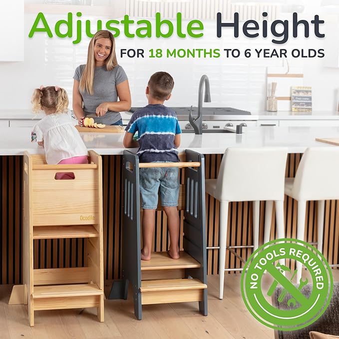 Toddler Tower with a Sliding Door and 3 Adjustable Heights - Complete Toddler Kitchen Stool Helper with Support Feet - Safe Design for 18+ Months to 6-Year-Old Kids - Varnished